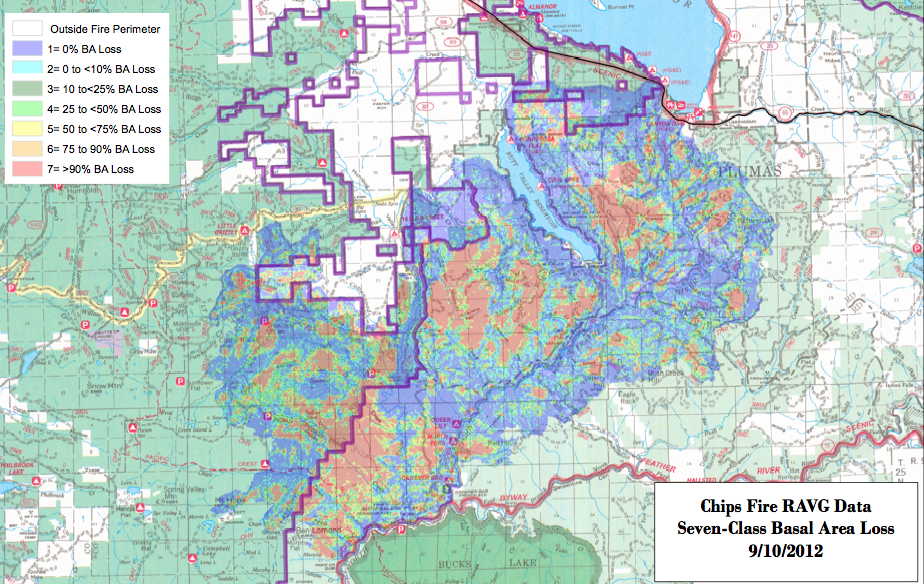 Color-coded Chips Fire map shows unthinned areas suffered greatest damage.