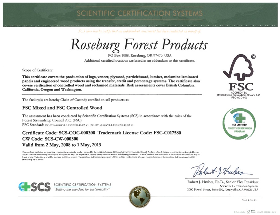 Roseburg forest certification certificate, image courtesy of roseburg.com